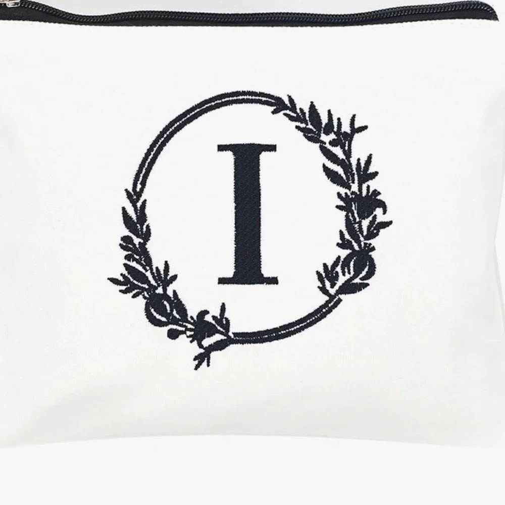 White Pouch with Black  Embroidered letter combination cosmetic bag